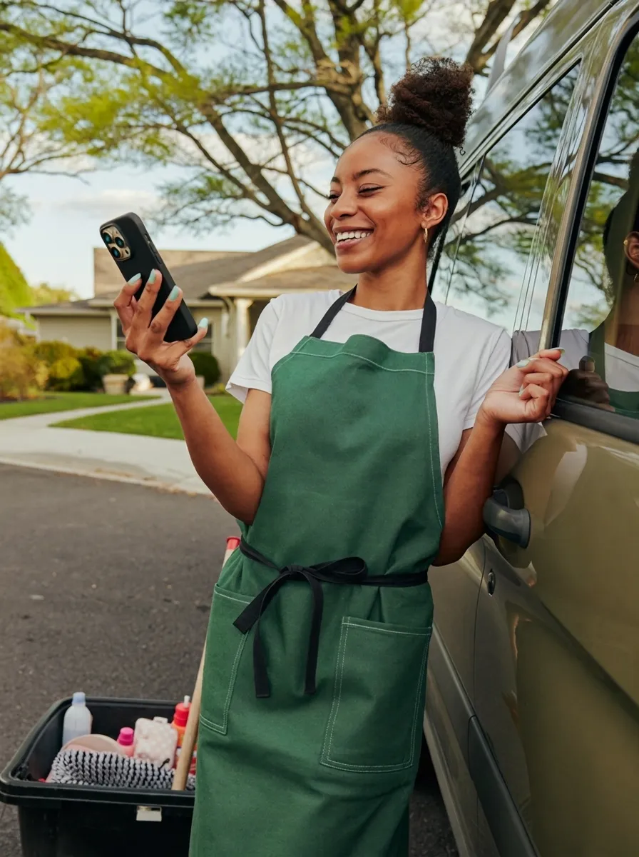 Cleaning business owner confirming a new booking on her phone beside her work van